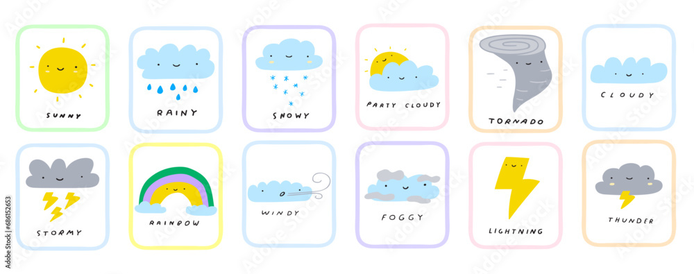 Fototapeta Set of weather forecast icons. Sunny, rainy, snowy, cloudy, tornado, stormy, rainbow, windy foggy, lightning, thunder. Cards for learning. Kids education concept. Vector hand drawn illustrations.