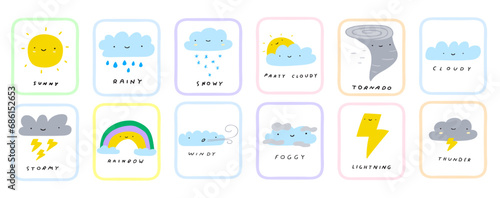 Set of weather forecast icons. Sunny, rainy, snowy, cloudy, tornado, stormy, rainbow, windy foggy, lightning, thunder. Cards for learning. Kids education concept. Vector hand drawn illustrations.