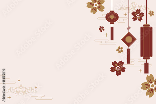 simple minimal hand drawn Chinese new year banner with flowers and lantern, empty space for text. For Greeting card, poster, card, tag, invitation, social media, web, banner, header