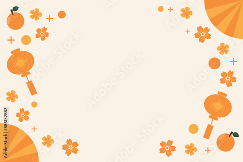 simple minimal hand drawn Chinese new year banner with flowers, fan, lantern and orange, empty space for text. For Greeting card, poster, card, tag, invitation, social media, web, banner, header