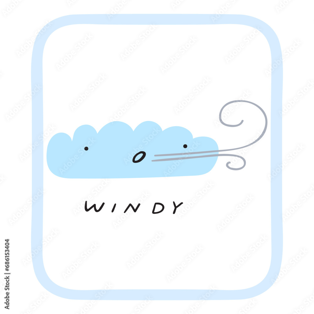 Windy. Cute cloud. Weather forecast card. Kids education concept. Vector flat illustration.