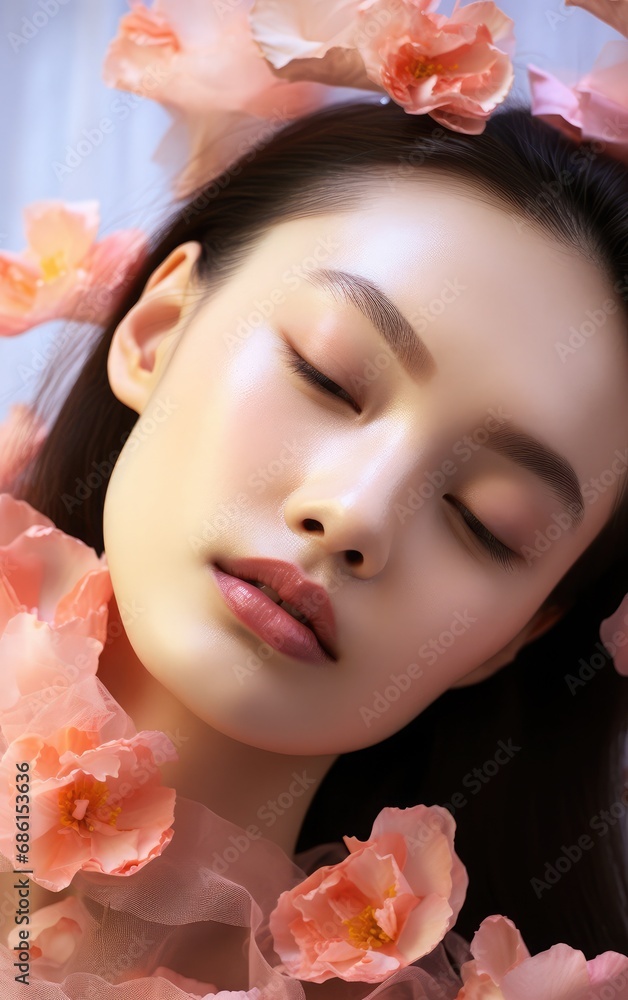 Young beautiful Asian woman looking at camera close up with natural Korean makeup, perfect clean skin, curly dark hair. with copy space. Beauty skin care Young beautiful Asian woman looking at camera close up with natural Korean makeup, perfect clean skin, curly dark hair. with copy space. Beauty skin care