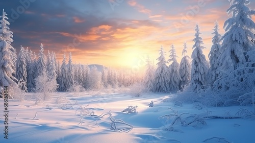 Beautiful winter landscape. Majestic white spruces glowing by sunlight. Picturesque and gorgeous wintry scene © Boraryn