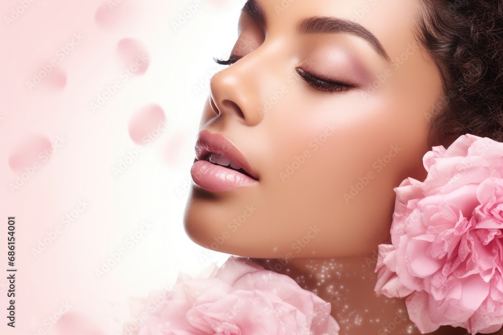 Perfect clean skin, curly dark hair. with copy space. Beauty skin care Perfect clean skin, curly dark hair. with copy space. Beauty skin care