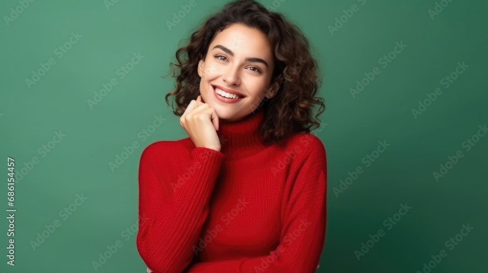 Pretty blonde woman with curly hair touching her chin, wears red wool turtleneck Pretty blonde woman with curly hair touching her chin, wears red wool turtleneck