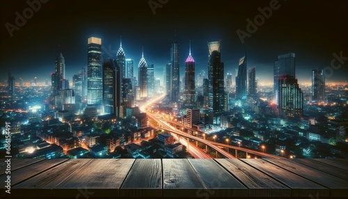 Empty wooden table with a bustling cityscape at night  featuring skyscrapers illuminated by city lights. The scene should depict an urban setting