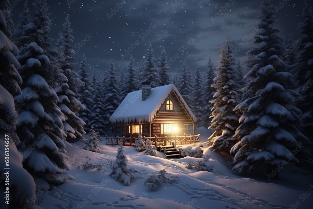 Fototapeta premium Winter night unfolds with a charming cabin nestled in a snow-covered forest, its chimney emitting a wisp of smoke