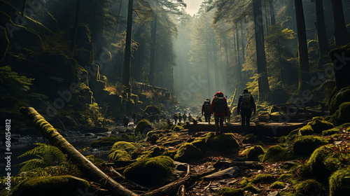 Travelers at forest.