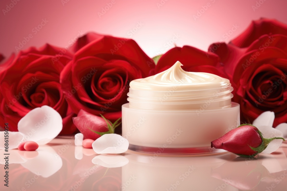 cream blank jar mock up with roses flowers for mockup cream blank jar mock up with roses flowers for mockup