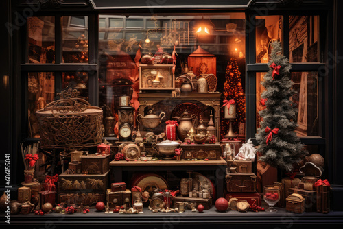 Christmas window display of a coffee and chocolate store