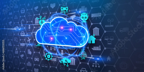 Digital Cloud Computing Technology Concept with Connected Icons on a Dark Blue Background. Computer Tech background. Connection with Digital Data storage in internet. Vector illustration