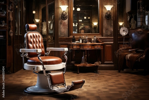 At the heart of the barbershop, a vintage barber chair commands attention with its rich leather upholstery © Radmila Merkulova