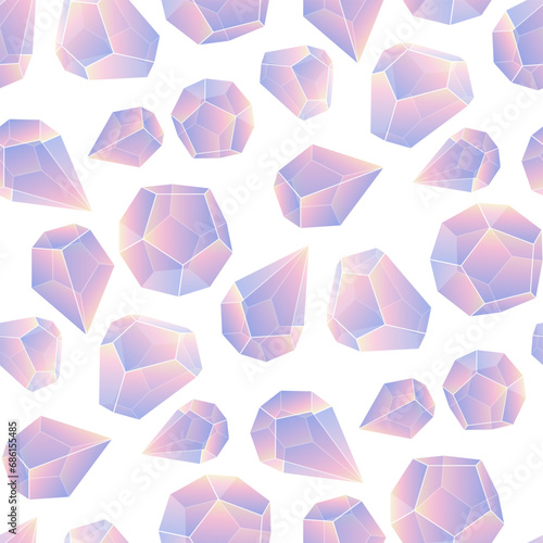 Crystal seamless pattern. Bright mother-of-pearl various gradient transparent gems and crystals on a white background. Vector illustration. Packaging for a gift. A repeating gemstone. Chaotic ornament