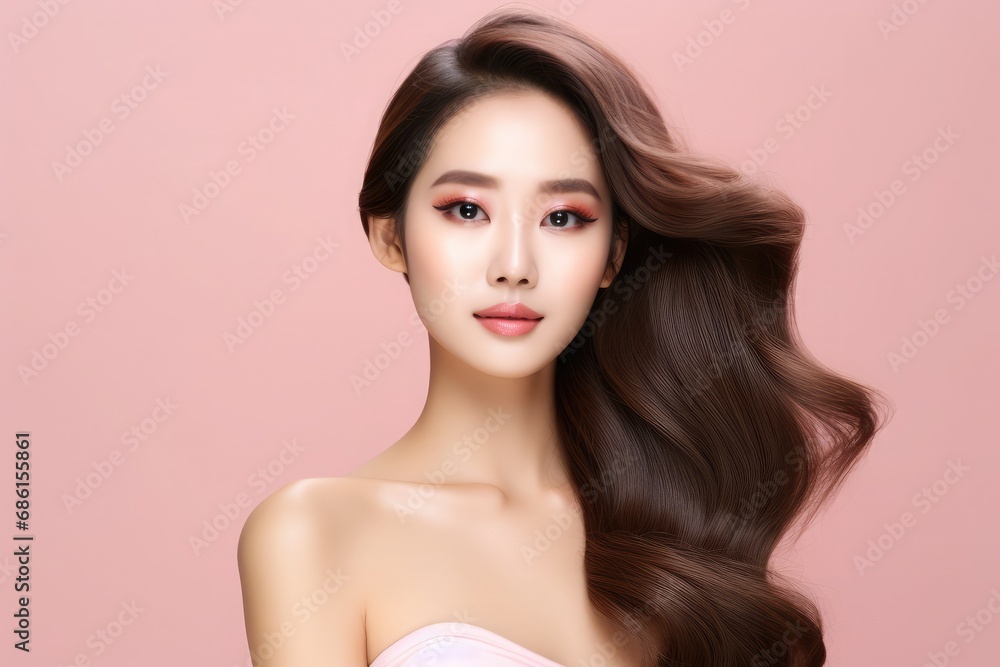 Photo young asian beauty woman curly long hair with korean makeup style on face and perfect skin on isolated beige background facial treatment cosmetology plastic surgery Photo young asian beauty woman curly long hair with korean makeup style on face and perfect skin on isolated beige background facial treatment cosmetology plastic surgery