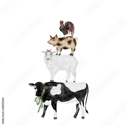 Watercolor illustration of a pyramid of domestic animals. Farm cow  pig  sheep and rooster stand on top of each other. Illustration for height gauges and kitchen textiles.