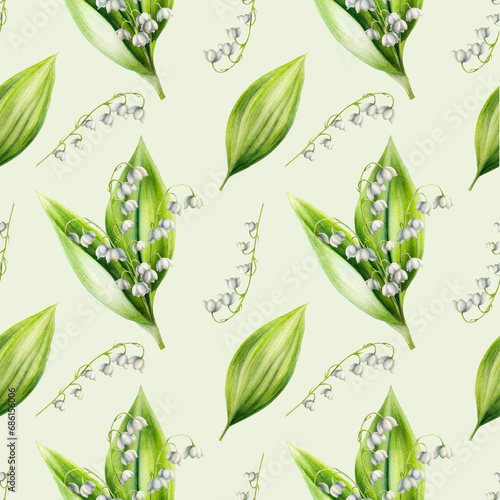 Watercolor seamless pattern with bouquets of lilies of the valley flowers isolated on background. Spring and Easter hand painted illustration. For designers, wedding, decoration, postcards, wrapping p