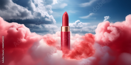 vibrant red lipstick tube whimsical cloudscape