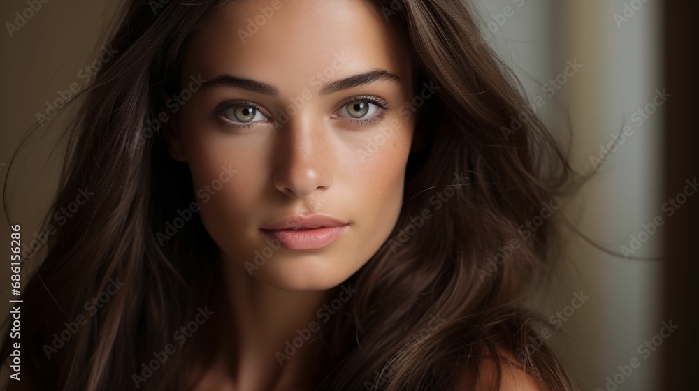 Close-up of a woman with healthy, straight brown hair. Close-up of a woman with healthy, straight brown hair.