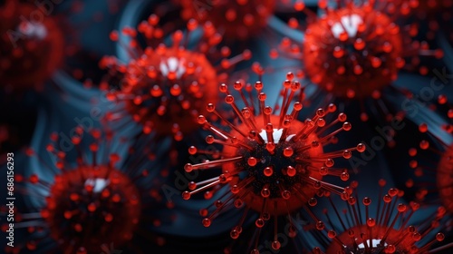 Fotografia Multiplying viruses, Virus spikes detaching. Red virus