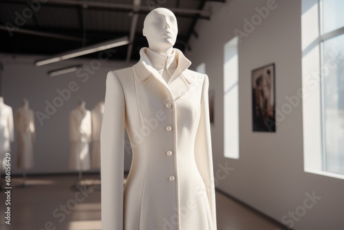 Classic white wool coat with a belt on a mannequin, women's coat