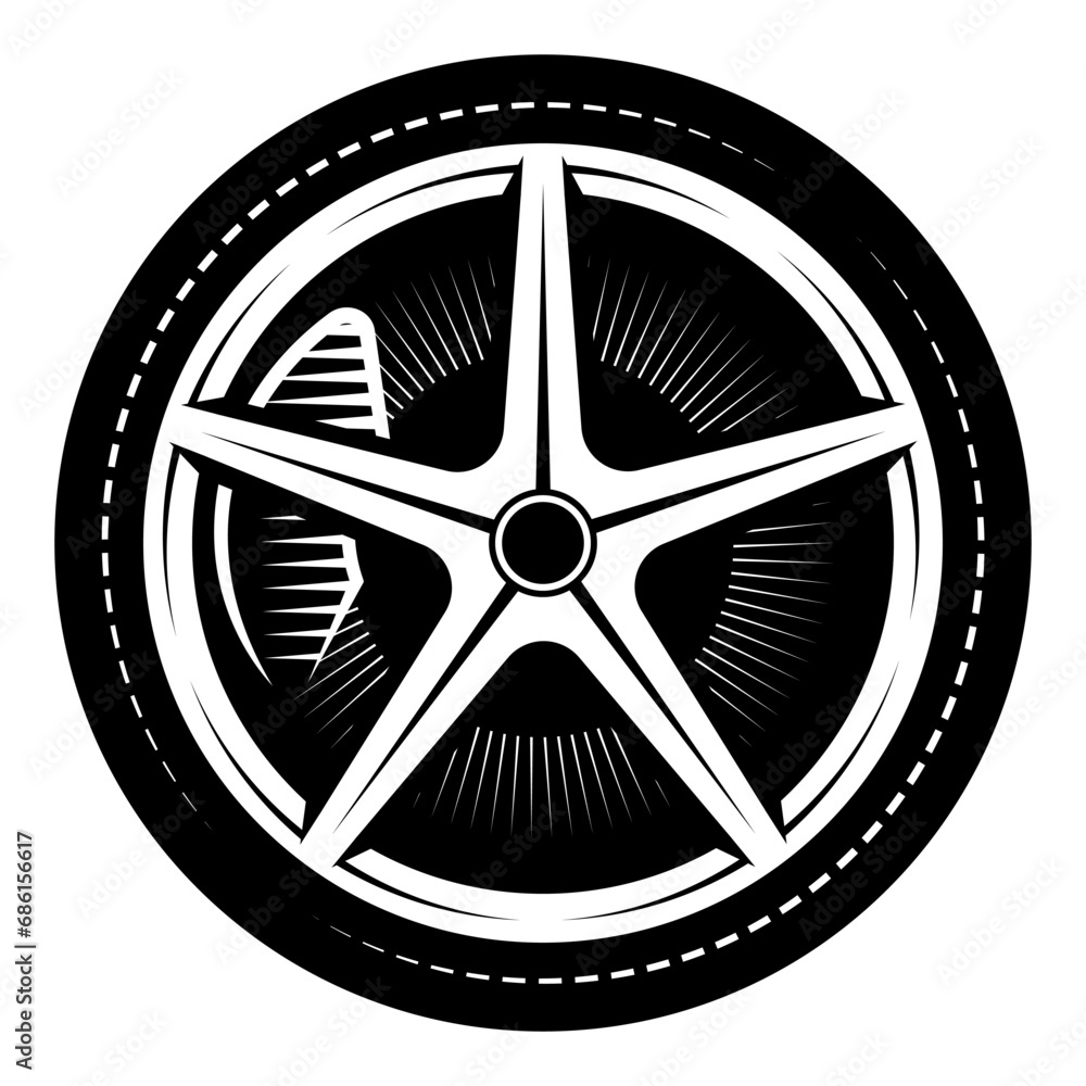 Automobile wheel assembly. Rubber sports tire on a disk. Monochrome vector image. Element for design Automobile wheel assembly. Rubber sports tire on a disk. Monochrome vector image. Element for design