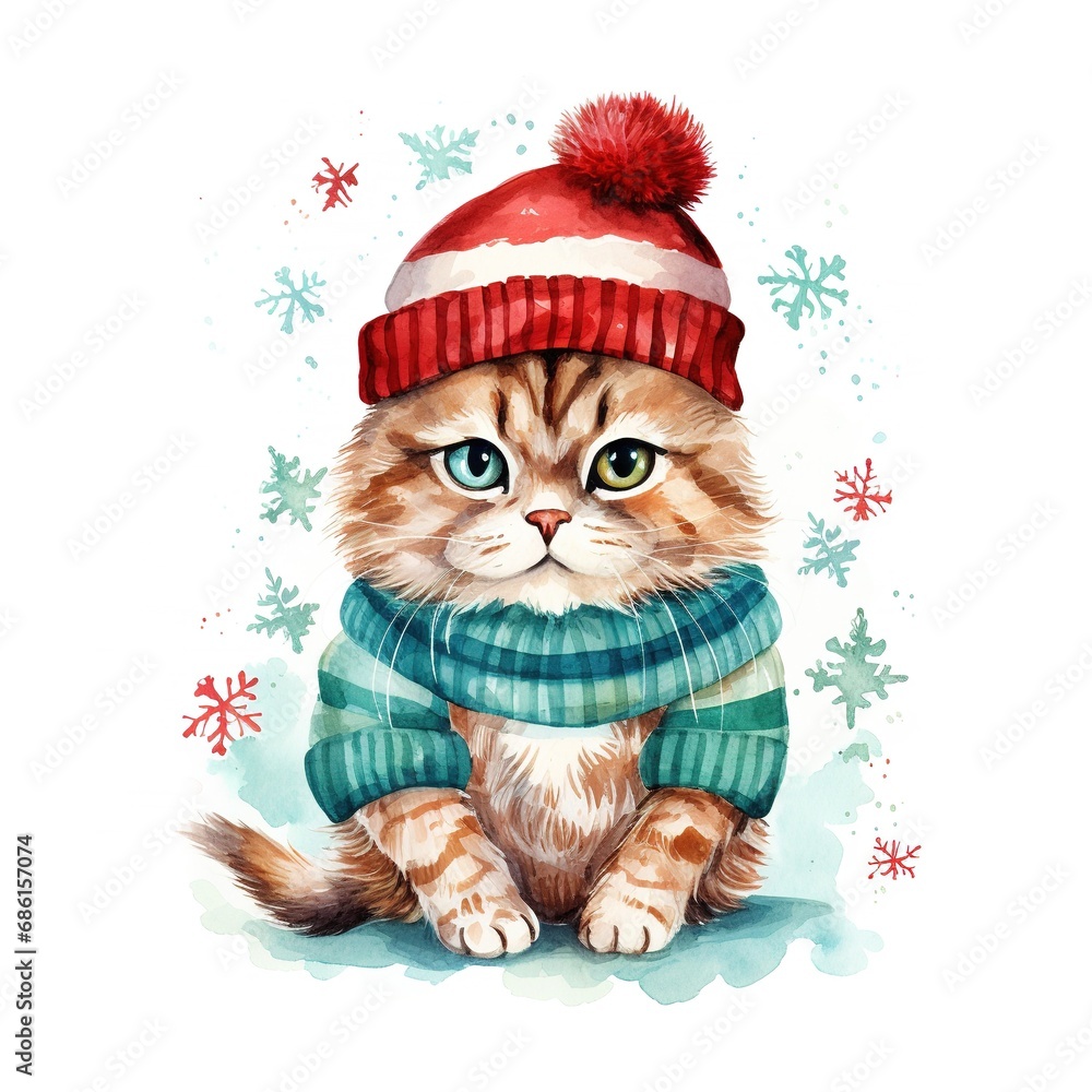 Generative AI, cute cat animal, pet in Christmas hat and ugly sweaters, watercolor style. Generative AI, cute cat animal, pet in Christmas hat and ugly sweaters, watercolor style.