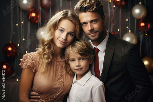 A married couple with a child on the background of a Christmas studio