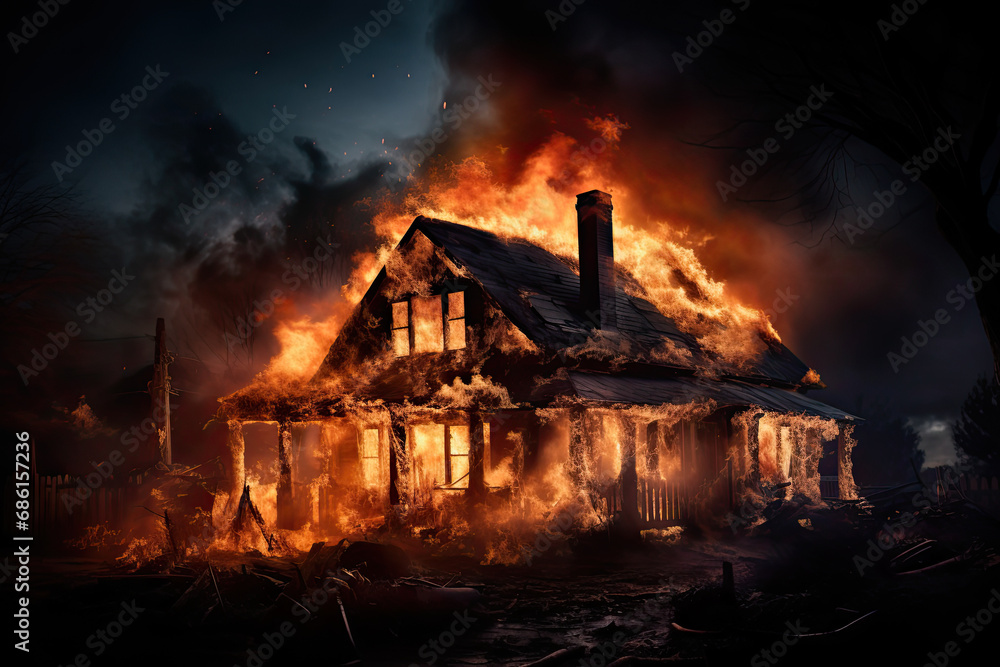the house is on fire at night