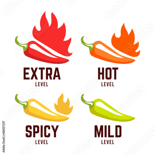 Hot spicy level labels of vector chili. Spicy food or sauce taste scale indicators, green, red, yellow and orange rating signs for hot, extra and mild taste