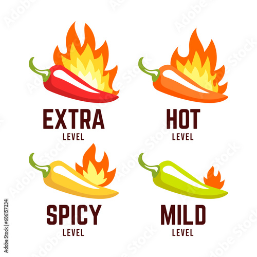 Hot spicy level labels of vector chili. Spicy food or sauce taste scale indicators, green, red, yellow and orange rating signs for hot, extra and mild taste