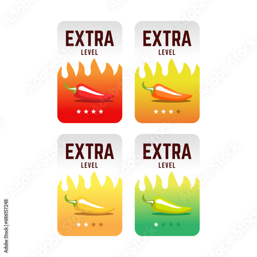 Hot spicy level labels of vector chili. Spicy food or sauce taste scale indicators, green, red, yellow and orange rating signs for hot, extra and mild taste