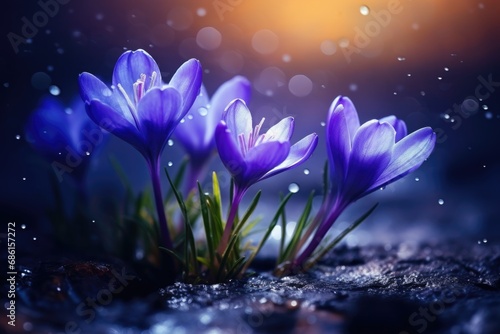 Spring flowers of blue crocuses in water drops