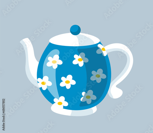 Tea party icon. Colorful sticker with stylish teapot with daisies or flowers. Ceramic utensils for boiling water or making hot drinks. Cartoon flat vector illustration isolated on gray background