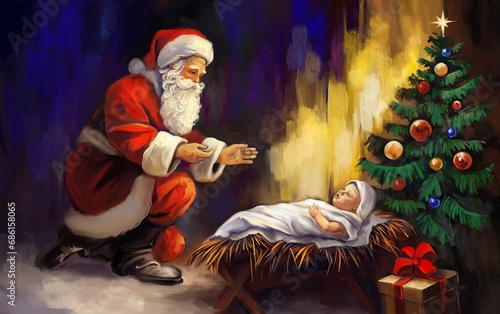 Christmas story. A true Christmas. Santa Claus bowed to the baby Jesus Christ lying in the manger., Christmas night , art illustration painted