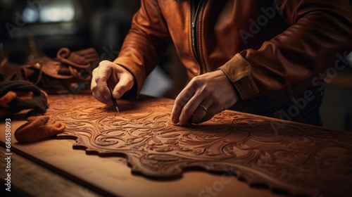 Leathersmith or leather craftsman engraving a thick piece of brown - tanned leather photo