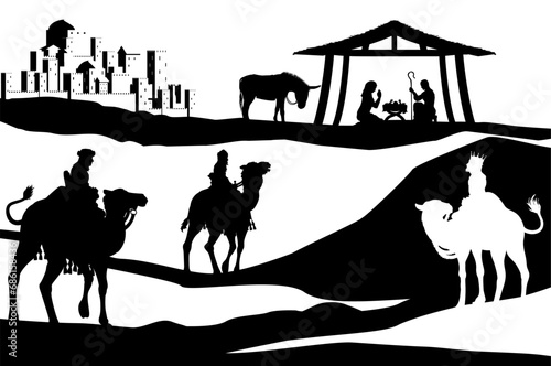 A Christmas nativity scene with baby Jesus in the manger, wise men and city of Bethlehem in the background