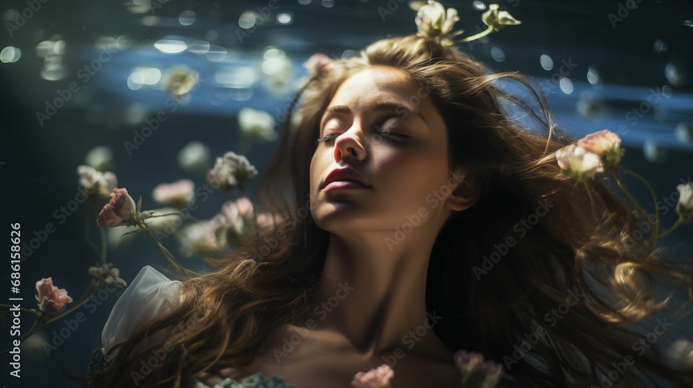An image of a woman gracefully submerged underwater. An image of a woman gracefully submerged underwater.