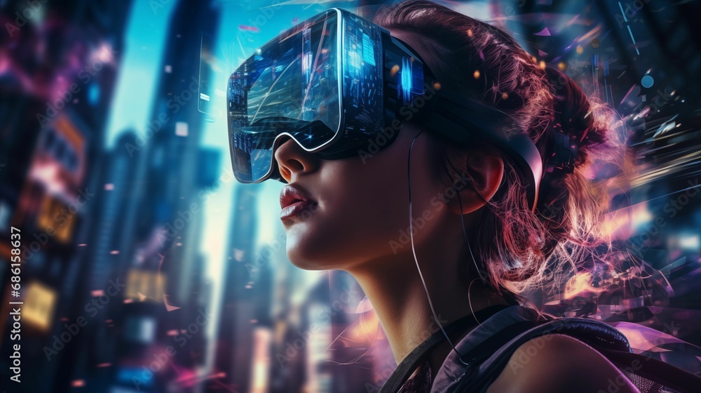 An image of a woman wearing a VR headset, immersed in a futuristic virtual world. An image of a woman wearing a VR headset, immersed in a futuristic virtual world.