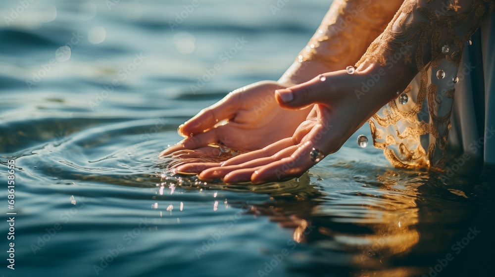An image of a woman's hand gently caresses the surface of lake water.