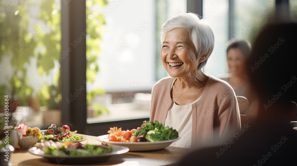 An image of an elderly woman enjoying a delicious lunch.