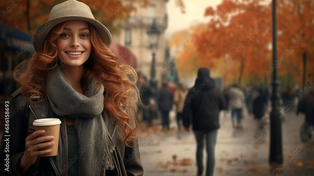 Beautiful model walking in an old metropolis with a takeaway coffee 