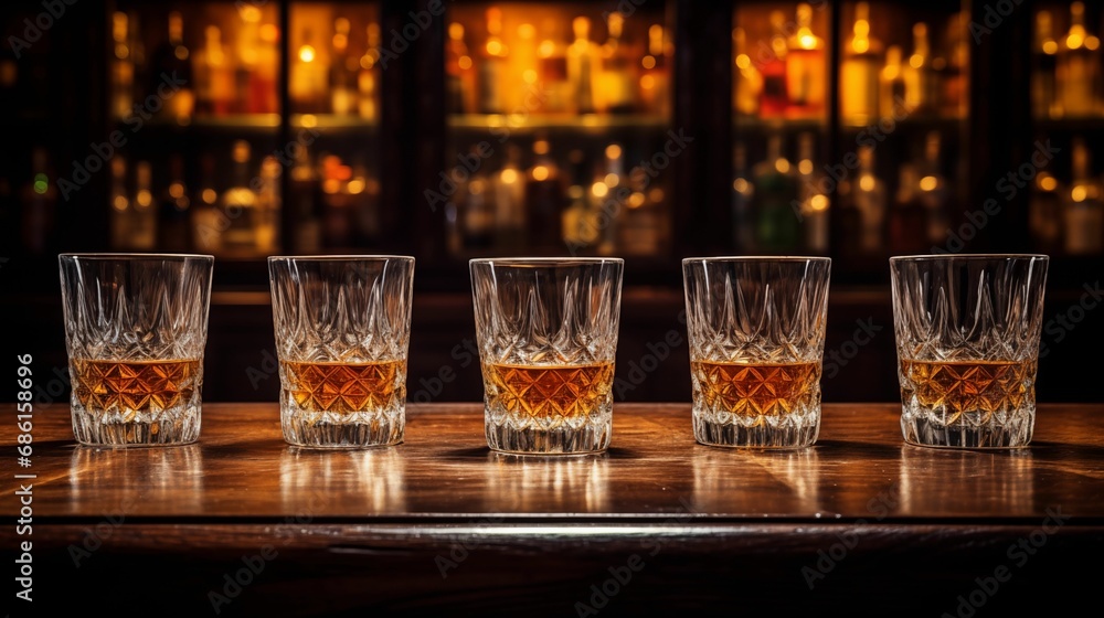 An image of a row of whiskey glasses placed on a wooden table. An image of a row of whiskey glasses placed on a wooden table.