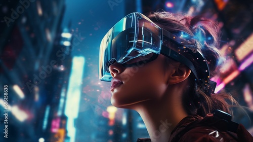 An image of a woman wearing a VR headset, immersed in a futuristic virtual world.