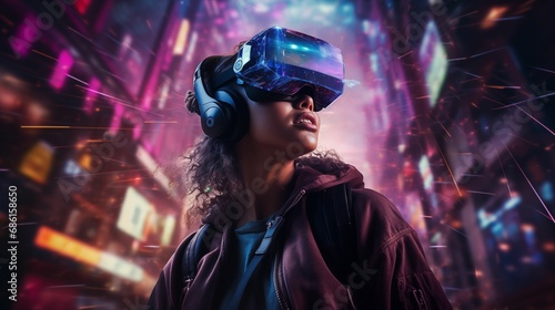 An image of a woman wearing a VR headset, immersed in a futuristic virtual world. © kept