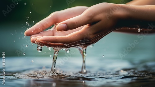 An image of a woman's hand gently caresses the surface of lake water.