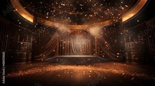 An image of an empty festival stage decorated with golden confetti. photo