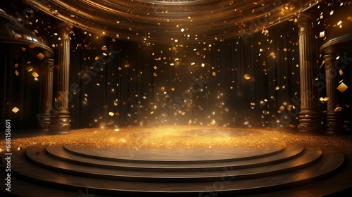 An image of an empty festival stage decorated with golden confetti. © kept
