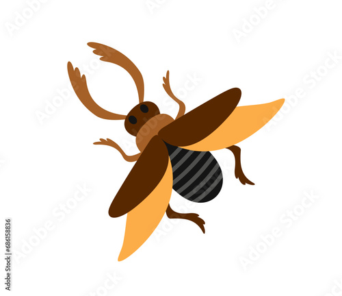 Cute insect. Funny garden or wild animal. Sticker with scarab beetle or dung beetle with horns or antennae. Icon with bug or cockroach. Cartoon flat vector illustration isolated on white background