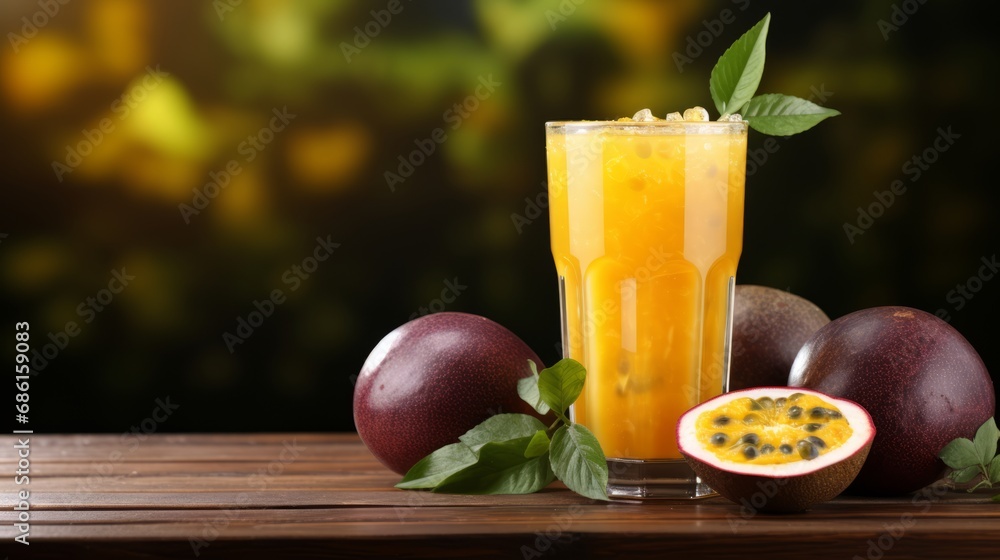 Passion fruit juice with ice in cafe or restaurant is a healthy drink on wooden table background with copy space for text Passion fruit juice with ice in cafe or restaurant is a healthy drink on wooden table background with copy space for text