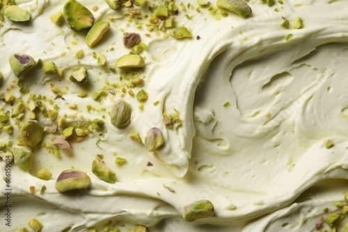 macro texture swirl of green pistachio ice cream with nuts.